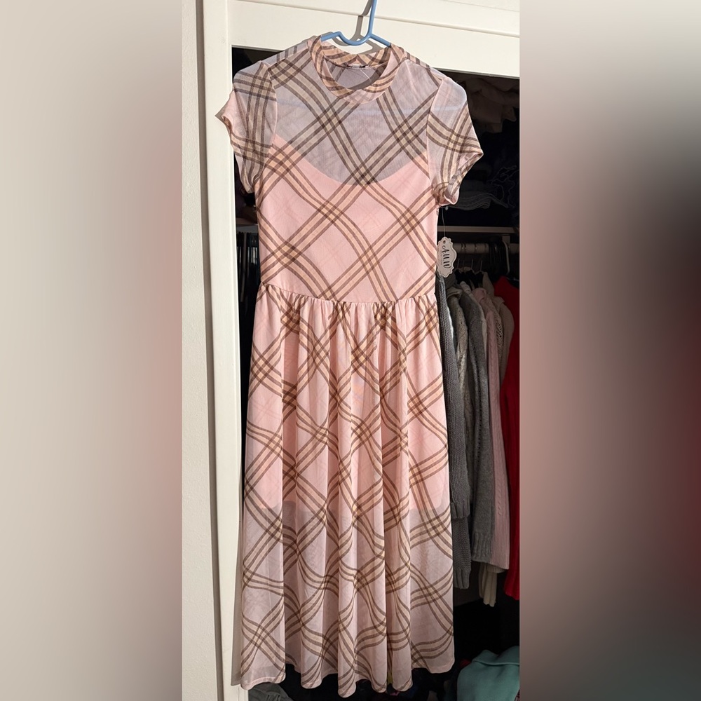 AUW Pink and Brown Plaid Dress